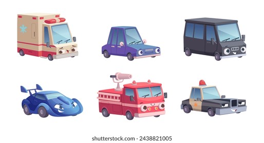 Cars with eyes. Cartoon vehicles mascot with different emotions exact cute funny faces on cars