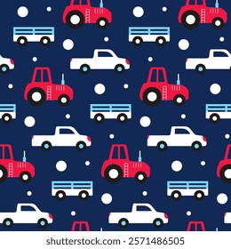 Cars fabric print for boys. Farm transport, red tractor, white pickup truck, trailer on dark blue background. Kids seamless pattern. Vehicles for nursery wallpaper, baby textile, preschooler outerwear