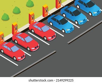 Cars filling up gas isometric 3d vector illustration concept