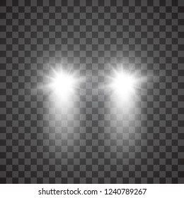 Cars flares light effect. Realistic white glow round car headlight beams isolated on transparent gloom background. Vector bright train lights for your design.