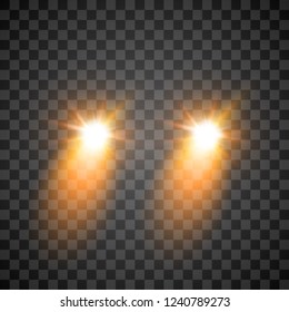 Cars flares light effect. Realistic white glow round car headlight beams isolated on transparent gloom background. Vector bright train lights for your design.