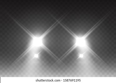 Cars flares light effect. Realistic white glow round car headlight beams isolated on transparent background. Vector bright train lights front view.
