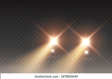 Cars flares light effect. Realistic yellow glow round car headlight beams isolated on transparent background. Vector headlamp train lights front view