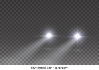 Cars flares light effect. Realistic white glow round car headlight beams isolated on transparent background. Vector bright train lights for your design.