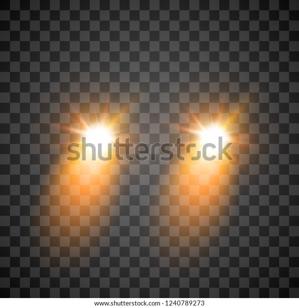 Cars flares light effect.
Realistic white glow round car headlight beams isolated on
transparent gloom background. Vector bright train lights for your
design.