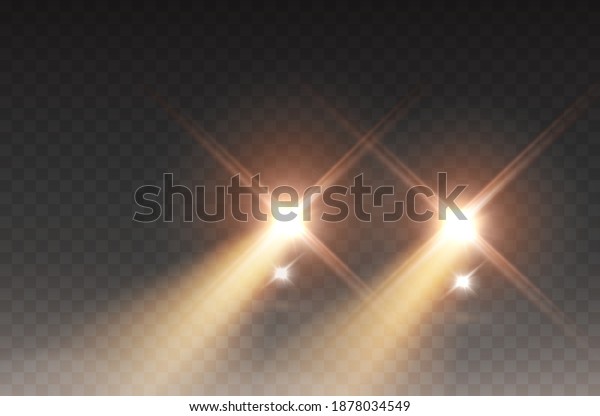 Cars flares light effect. Realistic\
yellow glow round car headlight beams isolated on transparent\
background. Vector headlamp train lights front\
view