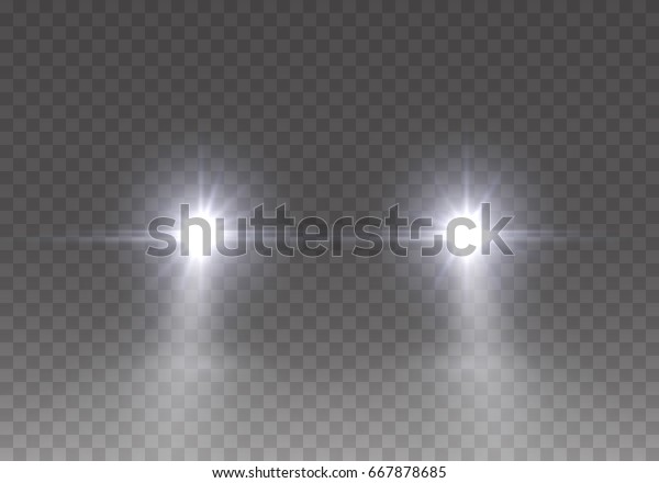 Cars flares light effect.\
Realistic white glow round car headlight beams isolated on\
transparent background. Vector bright train lights front view for\
your design.