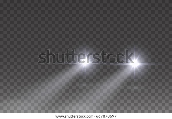 Cars flares light effect. Realistic white\
glow round car headlight beams isolated on transparent background.\
Vector bright train lights for your\
design.