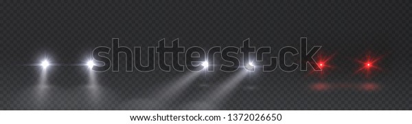 Cars flares light\
effect set. Realistic white glow round car headlight beams isolated\
on transparent background. Vector bright train lights front view\
for your design.