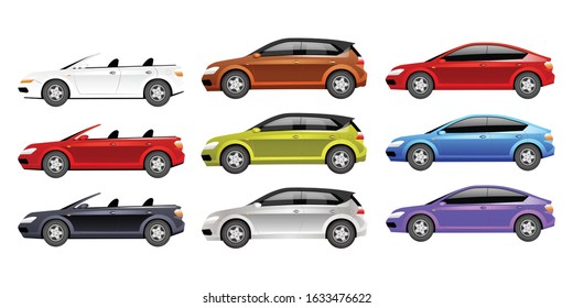 Cars flat color vector objects set. Different personal transport 2D isolated cartoon illustrations on white background. Luxurious cabriolet, family hatchback and modern sedan in various colors