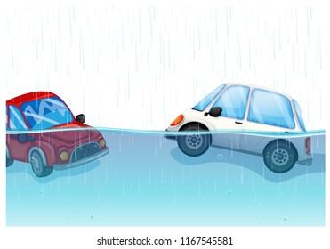 Cars floating on the flood illustration
