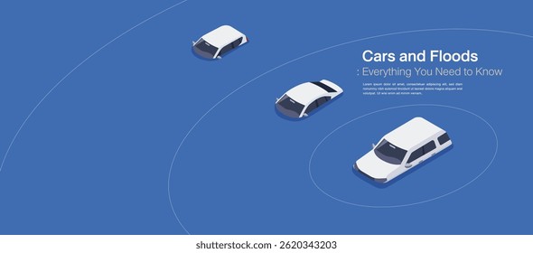 Cars and Floods – Vector graphic of flooded city cars, highlighting environmental risks, storm effects, and transportation vulnerability due to rising water levels.