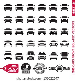 Cars front icons. Cars icons collection. Cars labels. 30 isolated vector forms set 3.