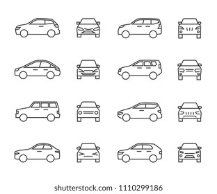 Cars Front And Side View Line Signs, Auto Symbols. Vehicle Outline Vector Icons Isolated On White Background. Auto Vehicle Car, Illustration Of Automobile Transport