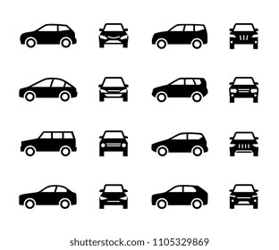 Cars front and side view signs. Vehicle black silhouette vector icons isolated on white background. Automobile vehicle for transportation, transport automotive illustration