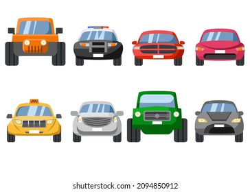 Cars front view cartoon vector illustration set. Different colorful transport vehicle including police car and taxi on white background. Means of transport, travel transportation concept