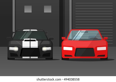 Cars front view in dark street vector illustration, sport expensive auto parked near garage or station, flat cartoon tuned automobiles 
