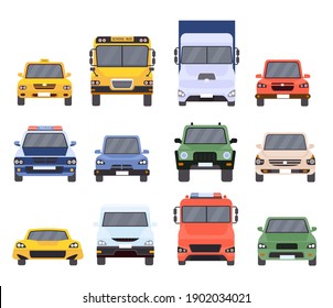 Cars front view. Flat urban vehicles taxi, police, delivery service, school bus, van, truck and sport vehicle. Cartoon car model vector set. Car taxi, urban automobile, motor sedan illustration