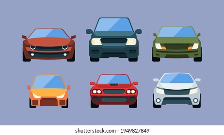 Vista frontal de los coches. Vehículos urbanos en camiones de carga de estilo plano automóviles de colores chillones ilustraciones vectoriales ambientadas