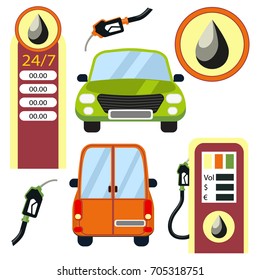 Cars and gas station elements set. Flat vector illustration