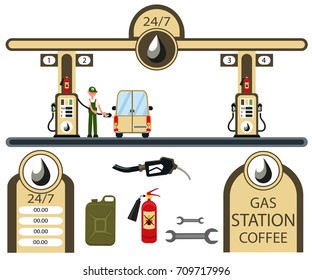 Cars and gas station elements set. Flat vector illustration