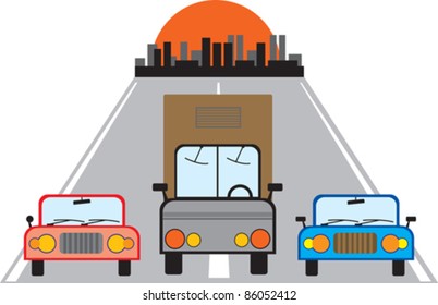 cars go on the road against the backdrop of the city