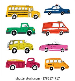 Cars hand drawn vector doodle illustrations city set