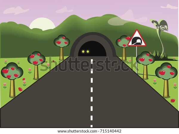 Car\'s headlamps shining in the tunnel. Road going\
through the tunnel. Flat vector illustration of cartoon road\
landscape. 