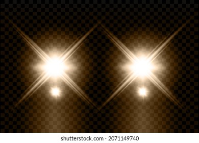 Cars Headlight Effect. Realistic Car Front Light Beams Isolated On Transparent Background. Night Road Headlights. Vector Illustration.