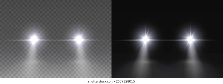 Cars headlight effect. Realistic white round flares beams isolated on transparent background. Vector bright train lights template