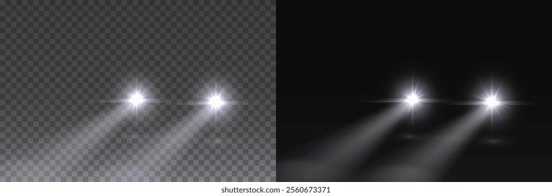 Cars headlight effect. Realistic white round flares beams isolated on transparent background. Vector bright train lights template