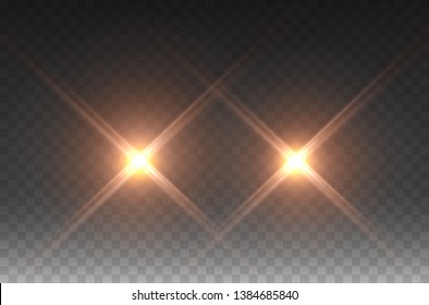 Cars headlight effect. Realistic yellow flares beams, spotlight isolated on transparent background. Vector bright spot lights, projector or golden rays.