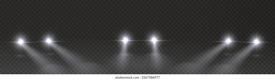 Cars headlight effect set. Realistic white round flares beams isolated on transparent background. Vector bright train lights templates