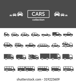 Cars icon collection - set of different car types, transportation concept