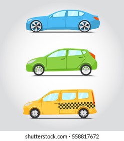 Cars icon series. Flat colors style. Sedan or supercar, hatchback or family car and yellow taxi. Vector illustration