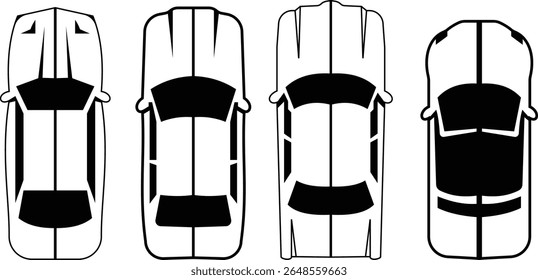 Ícone de carros definido de cima, vista superior isolada. Veículo civil urbano moderno. Vista de olho de pássaro. Design realista. Vetor estilo plano. tráfego, transporte de automóveis. Conceito de serviço de transporte.