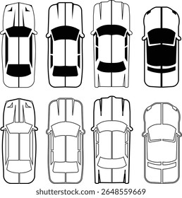 Ícone de carros definido de cima, vista superior isolada. Veículo civil urbano moderno. Vista de olho de pássaro. Design realista. Vetor estilo plano. tráfego, transporte de automóveis. Conceito de serviço de transporte.