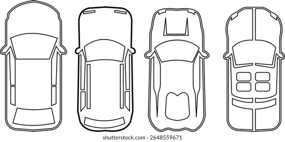 Ícone de carros definido de cima, vista superior isolada. Veículo civil urbano moderno. Vista de olho de pássaro. Design realista. Vetor estilo plano. tráfego, transporte de automóveis. Conceito de serviço de transporte.
