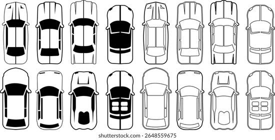 Ícone de carros definido de cima, vista superior isolada. Veículo civil urbano moderno. Vista de olho de pássaro. Design realista. Vetor estilo plano. tráfego, transporte de automóveis. Conceito de serviço de transporte.