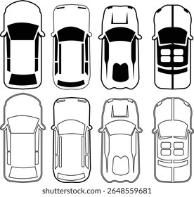 Ícone de carros definido de cima, vista superior isolada. Veículo civil urbano moderno. Vista de olho de pássaro. Design realista. Vetor estilo plano. tráfego, transporte de automóveis. Conceito de serviço de transporte.