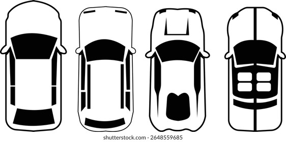 Ícone de carros definido de cima, vista superior isolada. Veículo civil urbano moderno. Vista de olho de pássaro. Design realista. Vetor estilo plano. tráfego, transporte de automóveis. Conceito de serviço de transporte.