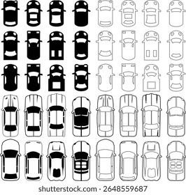 Ícone de carros definido de cima, vista superior isolada. Veículo civil urbano moderno. Vista de olho de pássaro. Design realista. Vetor estilo plano. tráfego, transporte de automóveis. Conceito de serviço de transporte.