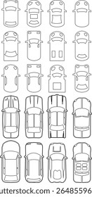 Ícone de carros definido de cima, vista superior isolada. Veículo civil urbano moderno. Vista de olho de pássaro. Design realista. Vetor estilo plano. tráfego, transporte de automóveis. Conceito de serviço de transporte.