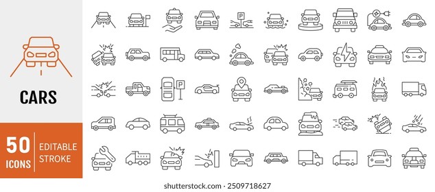 Conjunto de iconos de coches. Contiene coche, sedán, camión, accidente automovilístico, autobús escolar, autobús e iconos de taxi. Vector de línea simple.