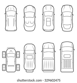 Cars icon set in thin line style, top view