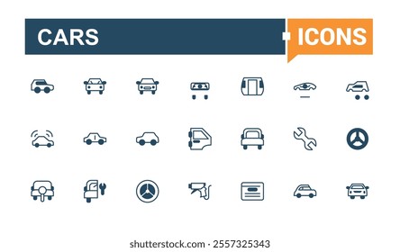 Cars icons. It contains symbols to wheel, service, transport, auto, eco and more. Isolated icons design. Solid line editable vector illustration.