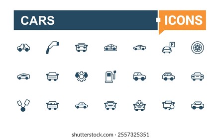 Cars icons. It contains symbols to wheel, service, transport, auto, eco and more. Isolated icons design. Solid line editable vector illustration.