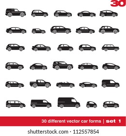 Cars icons set 1. 30 different vector car forms
