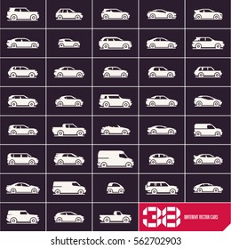 Cars Icons Set, Different Vector Car Types On Black Background