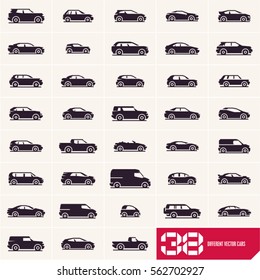 Cars Icons Set, Different Vector Car Types Silhouettes